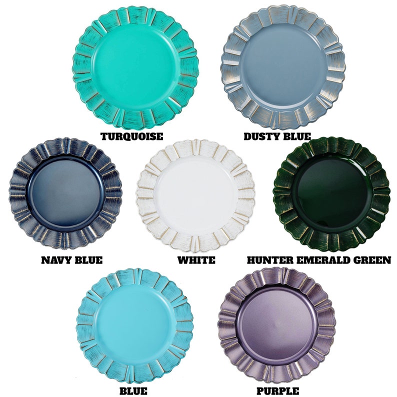 6 Pack 13 Dusty Blue Southwestern Style Plastic Charger Plates With Gold Brushed Waved Scalloped Rim Round image 9