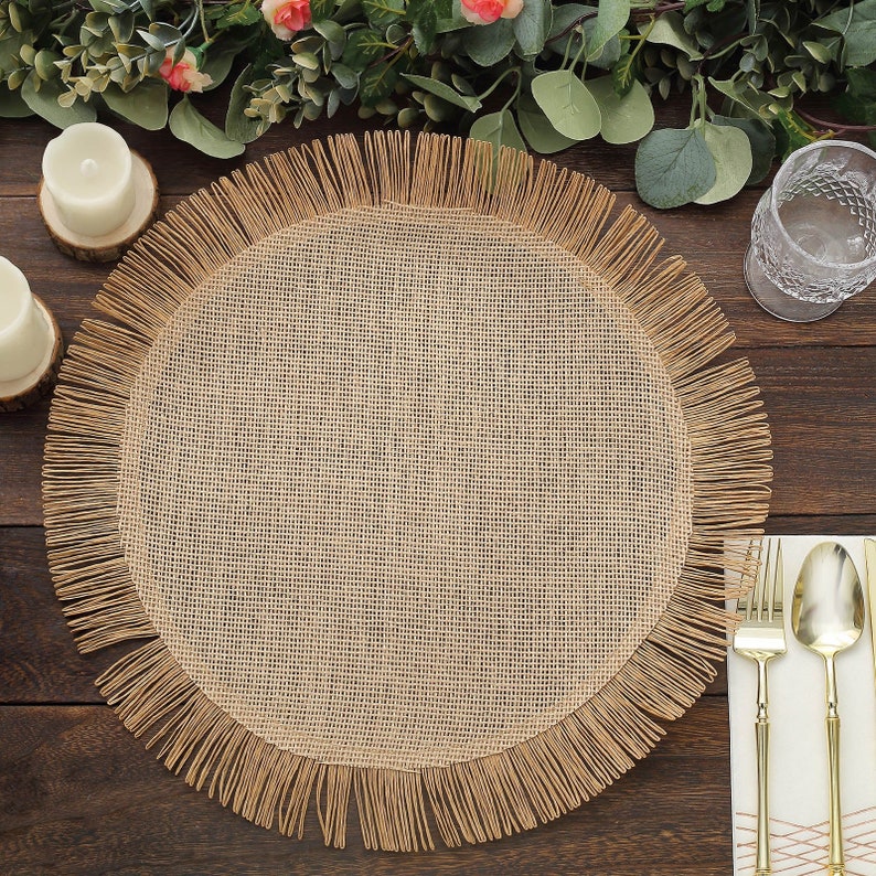 4 Pack | 16" Natural Jute Boho Chic Fringe Edge Table Placemats, Rustic Farmhouse Burlap Tassel Dining Table Mats