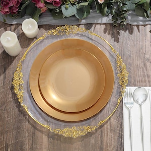 10 Pack | 10&quot; Glossy Gold Round Plastic Dinner Plates With Gold Rim, Disposable Party Plates, Decorative Plates, Modern Dinnerware
