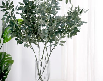 Ramo de hojas artificiales de acacia de 107 cm, decoración de follaje de seda, hojas artificiales, follaje para bodas - 2 tallos / Verde oscuro esmerilado