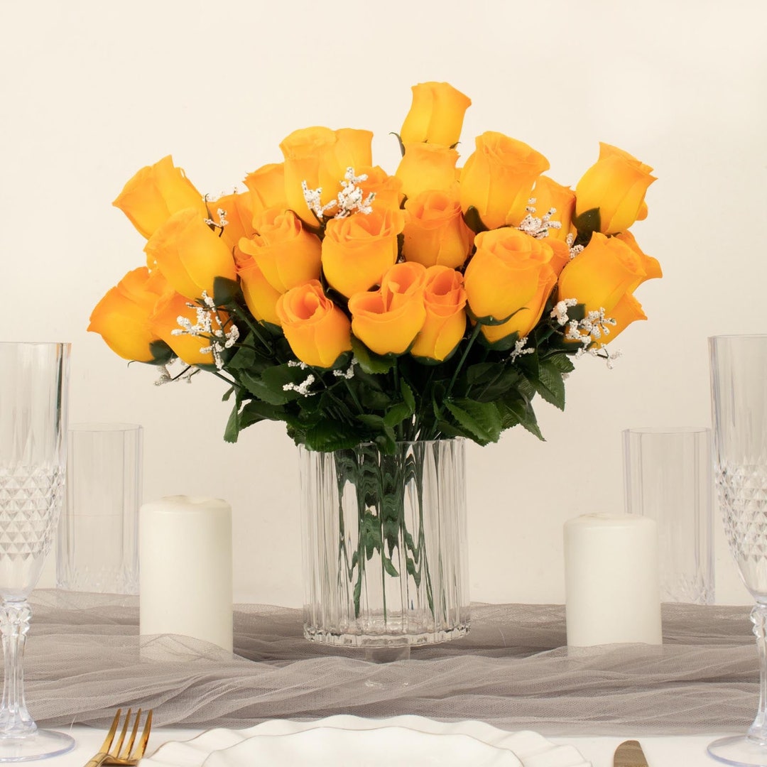 12 Bushes | Orange Artificial Silk Flower Rose Bud Bouquets, Faux Rose ...