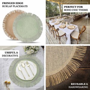 4 Pack | 16" Natural Jute Boho Chic Fringe Edge Table Placemats, Rustic Farmhouse Burlap Tassel Dining Table Mats