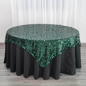 90&quot; Square Big Payette Sequin Table Overlay, Hunter Emerald Green Glitz Sequin Wedding Overlay