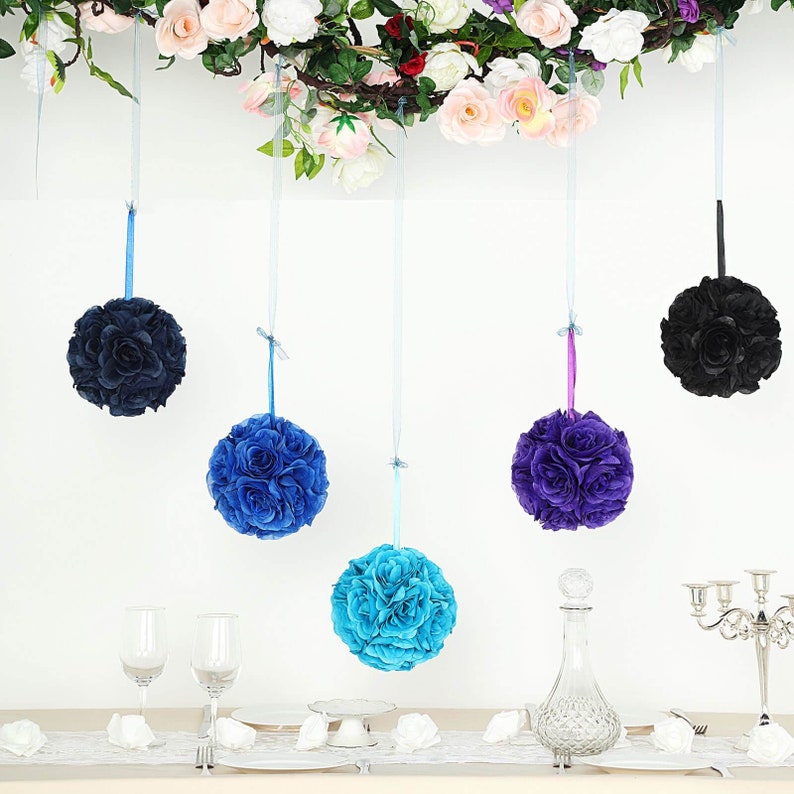 2 Pack | 7inch Royal Blue Flower Ball, Rose Kissing Balls, Hanging Pomander, Flower Girl Bouquet, Silk Rose Ball, Wedding Centerpiece