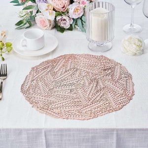 15" Wheat Design Placemat, Dining Table Placemats, Round Table Mats, Wedding Placemats, Vinyl Lace Doilies, Charger Plates - 6 Pack | Blush