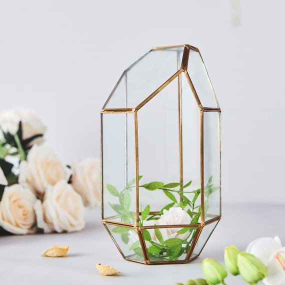 10 Gold Metal Geometric Glass Terrarium, Terrarium Kit , Terrarium Supplies,  Table Decor, Multipurpose Air Plants Holder Heptagon Prism 