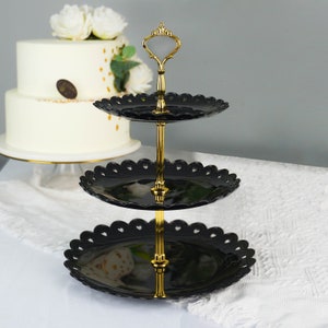 Black 3 Tier Plastic Cupcake Stand, Dessert Holder Display Stand, Round with Heart Design Scalloped Edges - 13&quot; Tall