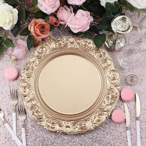 Set of 6 - 14&quot; Metallic Gold Plastic Charger Plates, Plate Chargers, Round Charger Plates, Dining & Serving, Engraved Baroque Design Rim