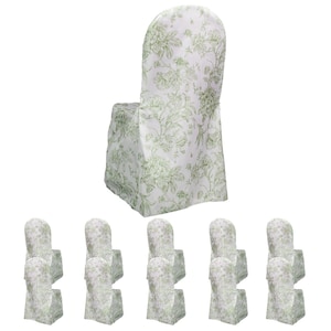 May include: White chair covers with a green floral pattern. The covers are designed to fit over standard chairs, with a fitted back and a skirt that drapes to the floor. The floral design is a classic, elegant style.