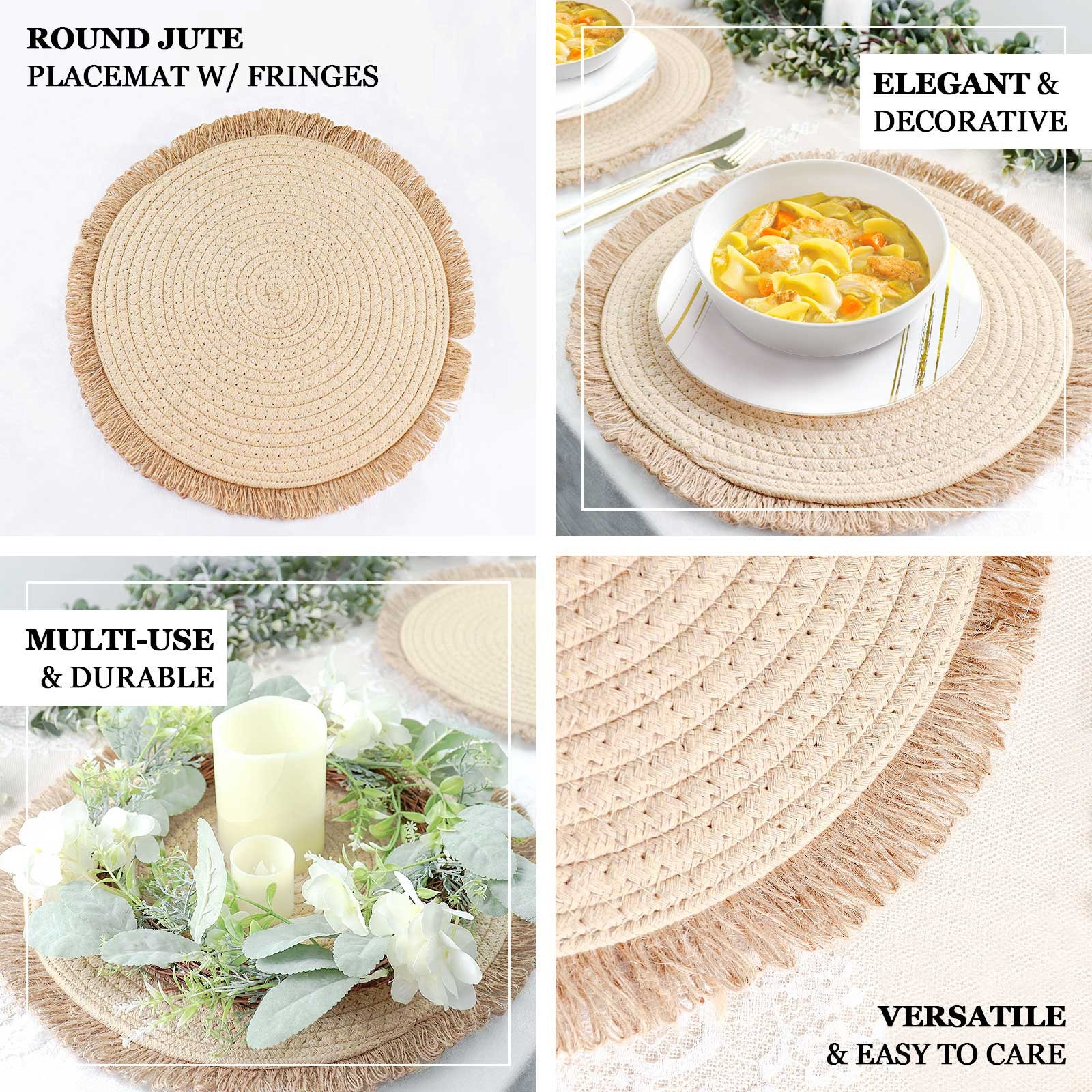 Set of 2 or 4 Boho Round Natural Jute Placemats Plant Mat Wall Hanging Decor  With Small Pom Poms - Feel Good Decor