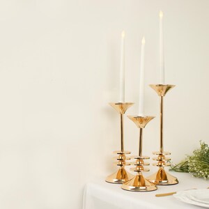 Set of 3 Gold Metal Taper Candle Holders, 3 Disk Pedestal Candle Holders, Candlestick Holders ...