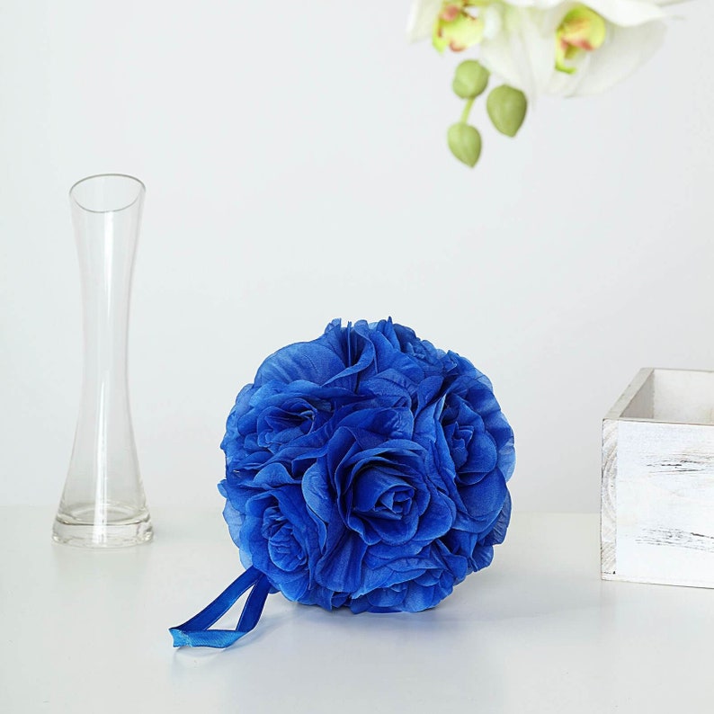 2 Pack 7 Royal Blue Flower Ball, Rose Kissing Balls, Hanging Pomander, Flower Girl Bouquet, Silk Rose Ball, Wedding Centerpiece image 5