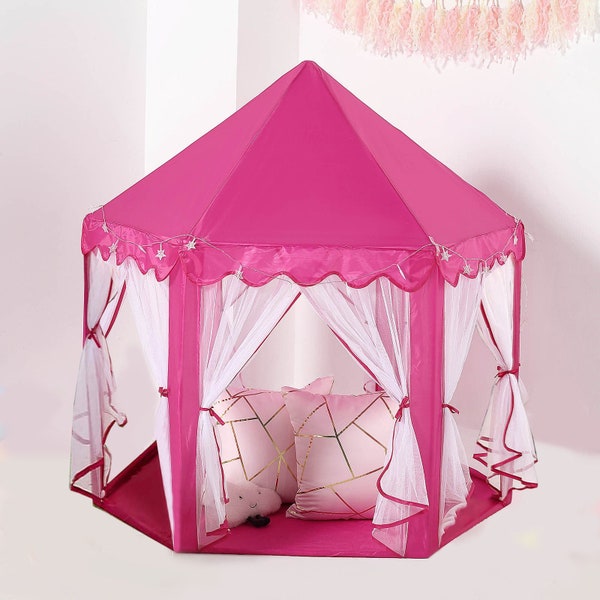 4.5ft Pink Play House Tent, Princess Castle With Star LED Garlands And Carry Bag, Indoor Playhouse, Kids Playhouse, Kids Room Decor