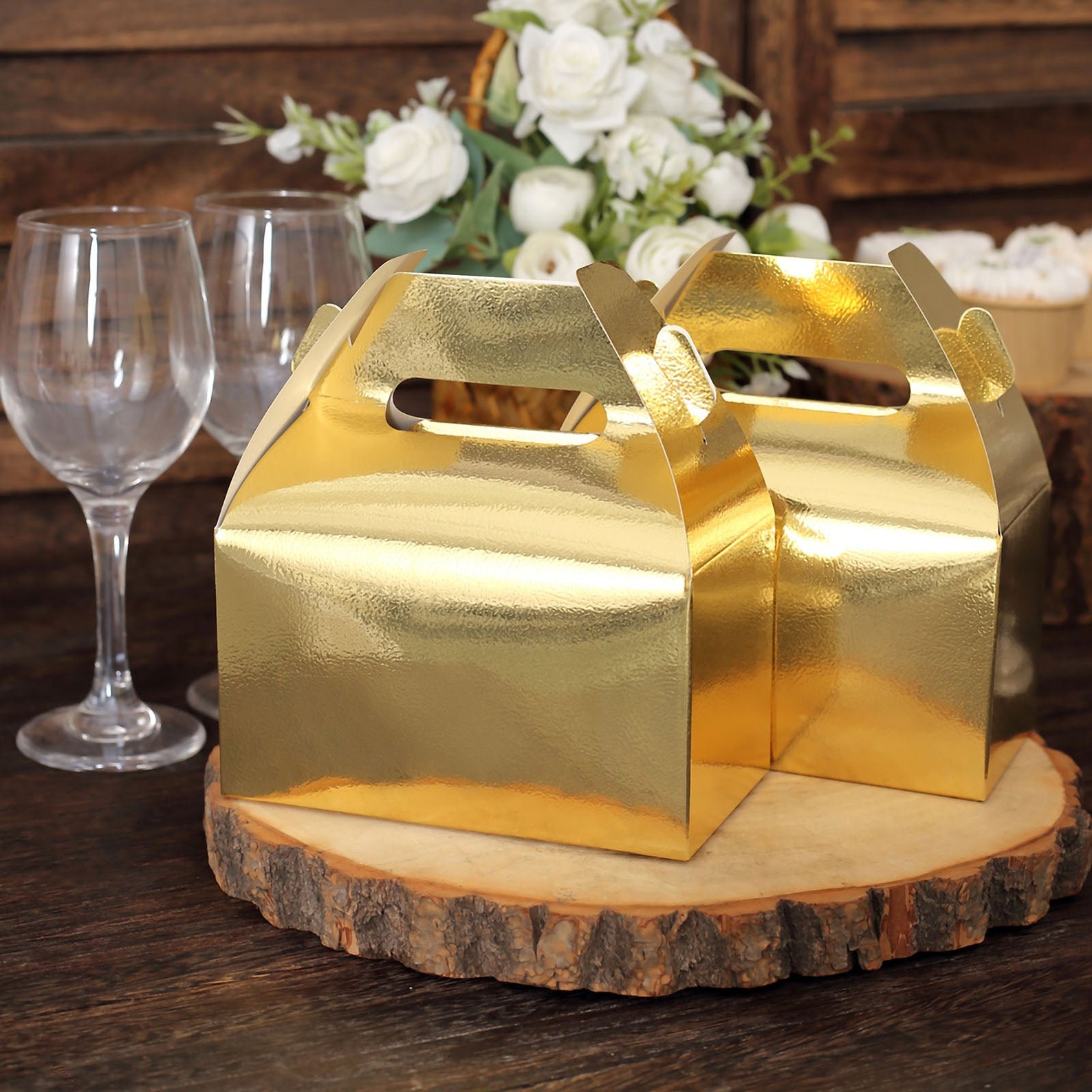 25 Pack  Metallic Gold Party Favor Boxes Gift Tote Boxes Gable Boxes Favor Bags Candy Boxes Treat Boxes Party Supplies  6X35X7