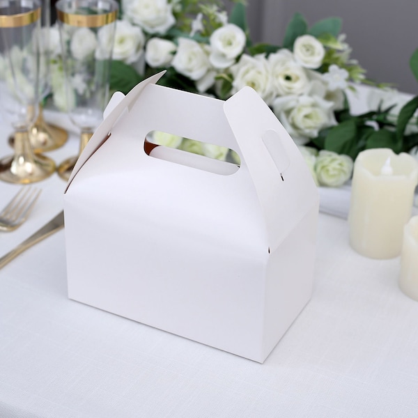 25 Pack | Classic White Party Favor Boxes, Gift Tote Boxes, Gable Boxes, Favor Bags, Candy Boxes, Treat Boxes, Party Supplies - 6"X3.5"X7"