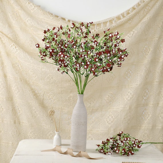 27 Burgundy Baby's Breath Artificial Flowers, Gypsophila Silk Flower Stem,  Vase Flower Crown, Corsage, Wedding Flowers 4 Stems 