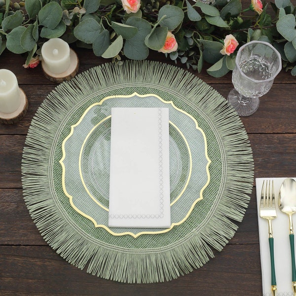 4 Pack | 16" Sage Green Jute Boho Chic Table Placemats, Rustic Farmhouse Tassel Dining Table Mats, Natural Burlap Placemat w/ Fringe Edge