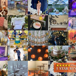 May include: A collage of images showcasing various party decorations and setups. The images feature a variety of themes, including a baby shower, a birthday party, a wedding, and a Halloween party. The decorations include balloons, flowers, candles, and other festive items. The images also show tables set for guests, with food and drinks. The collage is a great way to get ideas for your next party.