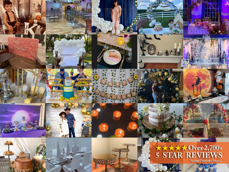 May include: A collage of images showcasing various party decorations and setups. The images feature a variety of themes, including a baby shower, a birthday party, a wedding, and a Halloween party. The decorations include balloons, flowers, candles, and other festive items. The images also show tables set for guests, with food and drinks. The collage is a great way to get ideas for your next party.