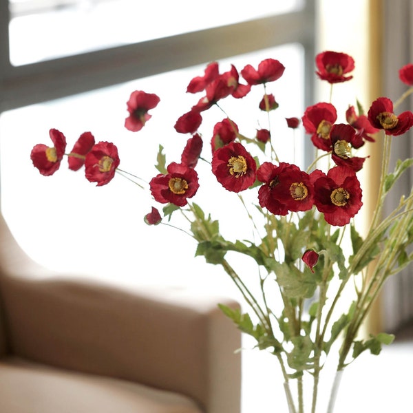 2 Bushes | 33" Stem Red Artificial Red, Silk Flower, Wedding Flowers, Poppy bouquet, Vase Flowers, Floral Arrangements