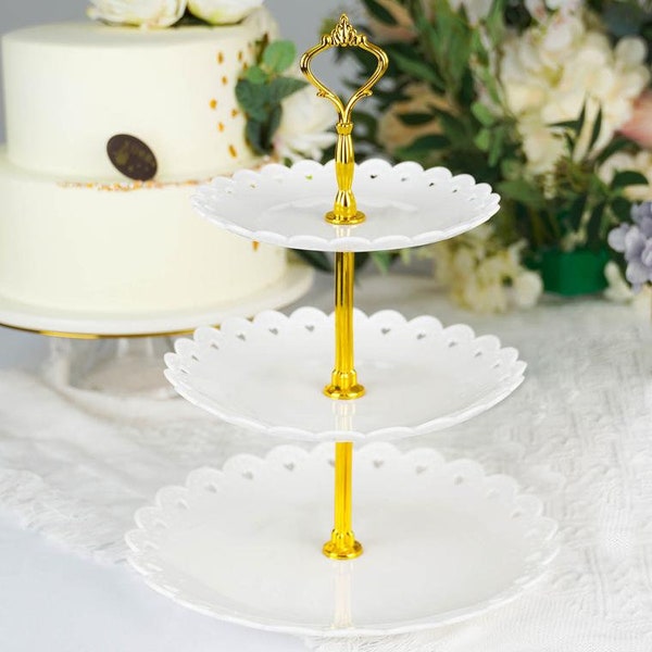 White 3 Tier Plastic Cupcake Stand, Dessert Holder Display Stand, Square Cupcake Tower with Heart Design Scalloped Edges - 13" Tall