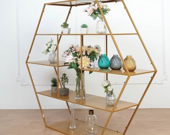 4ft Large Gold Metal Hexagonal Cake Dessert Display Stand, Wedding Arch Backdrop, Balloons Rack, Modern Bookcase