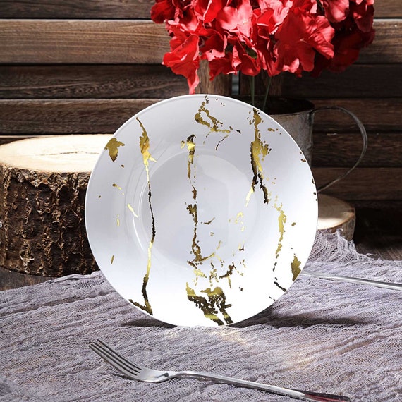 8 White Disposable Plastic Plates, Round Salad Plates, Dessert Plates, Heavy  Duty Reusable Plates 10 Pack Gold Marble Design 