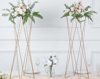 2 Pack | 32" Tall Gold Geometric Crisscross Metal Frame Table Centerpieces, Open Column Pedestal Flower Stands For Weddings & Parties