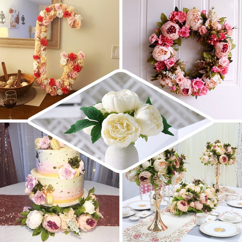 10inch Real Touch Beige Peonies Bunch Bridal Bouquet, Silk Artificial Peony Flowers Wedding Bridal Bouquet