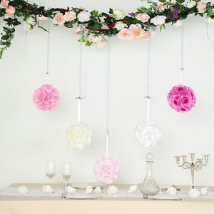 2 Pack | 7" White Flower Ball, Rose Kissing Balls, Hanging Pomander, Flower Girl Bouquet, Wedding Centerpiece, Silk Flower Decoration