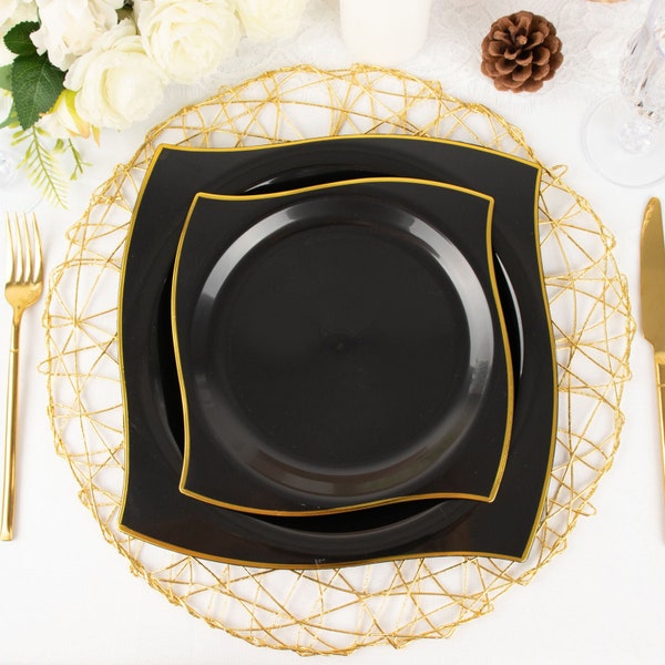 10 Pack | 10" Black / Gold Wavy Rim Modern Square Plastic Dinner Plates, Disposable Plates, Dinner Party Decor, Plates with Gold Rim