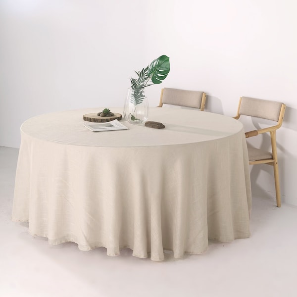 120" Beige Premium Faux Linen Round Tablecloth, Wrinkle Resistant Table cloth, Rustic Wedding, Home Decor, Faux Burlap Tablecloth