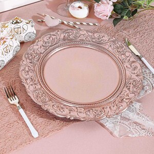 Set of 6 - 14inch Metallic Rose Gold Plastic Charger Plates, Plate Chargers, Round Charger Plates, Dining & Serving, Engraved Baroque Design