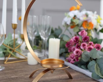 13" Gold Moon Crescent Shaped Metal Pillar Candle Holder Centerpiece, Tealight Hurricane Candlestick Stand Perfect For Holidays & Weddings