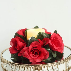 4 Pack Red Artificial Silk Rose Floral Candle Rings, Mini Wreath, Flower Ring