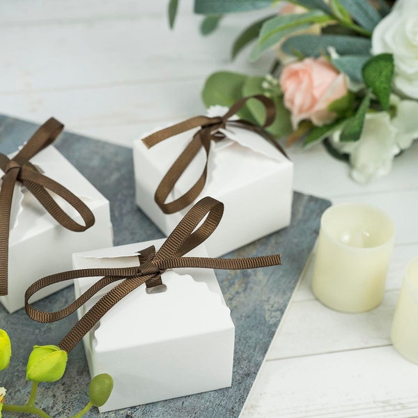 25 Pack | White Scalloped Edge Party Favor Boxes with Brown Grosgrain Ribbons, Cardstock Tote Favor Gift Box, Candy Boxes -  2.5"X2.5"