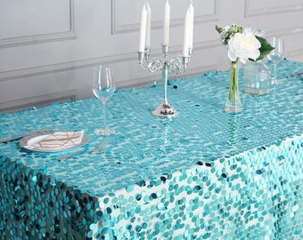 90"x156" Turquoise Big Payette Sequin Rectangle Tablecloth Premium