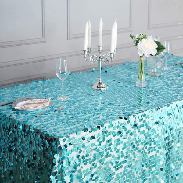 90"x156" Turquoise Big Payette Sequin Rectangle Tablecloth Premium