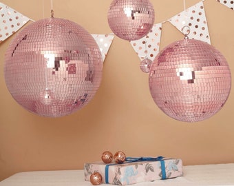 2pcs 10" Blush Rose Gold Disco Ball Ornaments, Mirror Foam Ball with Hanging Swivel Ring, Reflection Ball For Holiday, Wedding, Party Decor