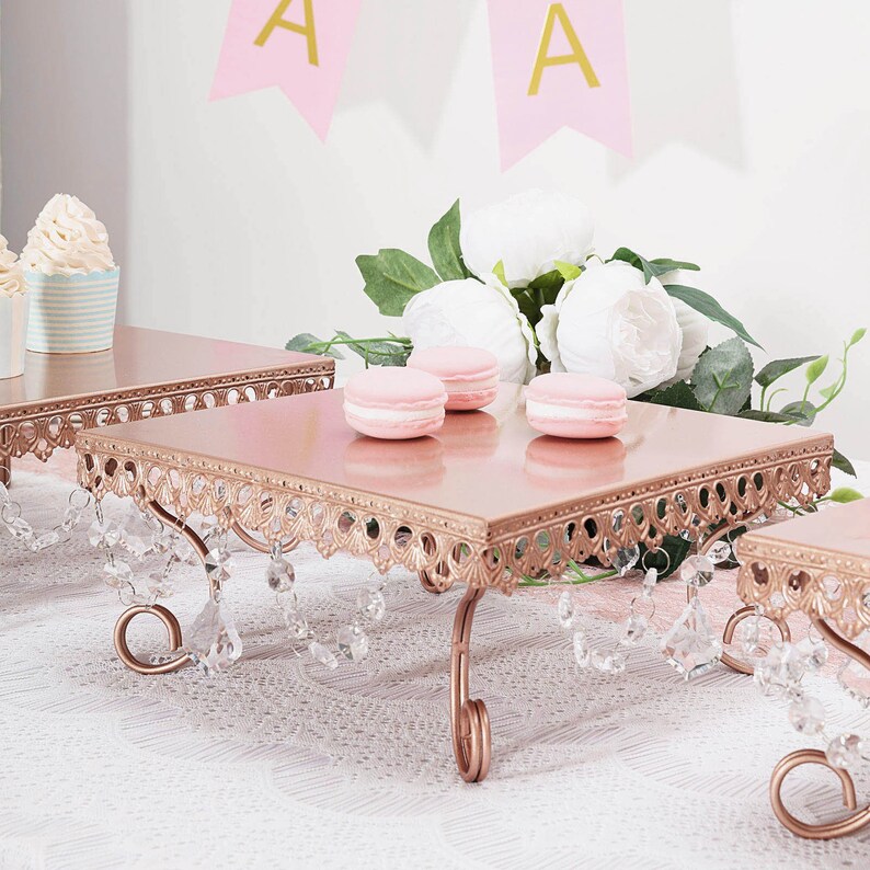 Set of 3 Rose Gold Cake Stand with Crystal Pendants Metal Etsy