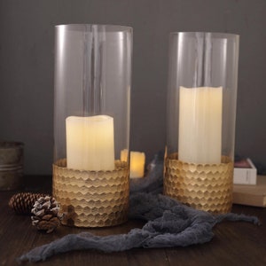 Set of 2 | 12" Clear Glass Vase with Gold Honeycomb Base, Flower Vase, Cylinder Glass Vase, Glass Vase for Candles, Wedding Centerpiece,