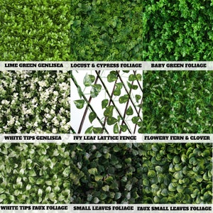 Op de afbeelding: Een collage van negen verschillende kunstplantenpanelen, elk met een unieke stijl en kleur. De panelen omvatten limoengroen, witgetopte en babygroene bladeren, evenals klimop-roosterhek, bloeiende varen en klaver, en kleine bladeren.