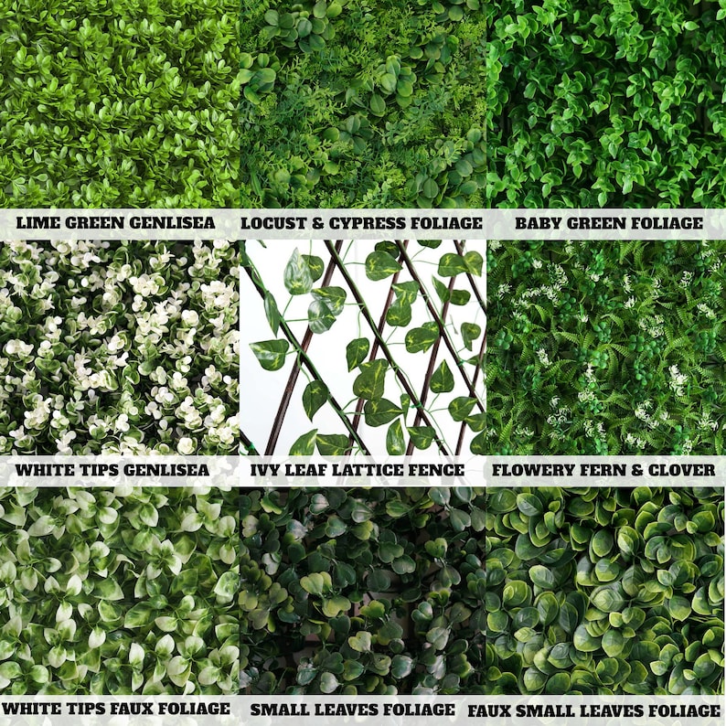 Op de afbeelding: Een collage van negen verschillende kunstplantenpanelen, elk met een unieke stijl en kleur. De panelen omvatten limoengroen, witgetopte en babygroene bladeren, evenals klimop-roosterhek, bloeiende varen en klaver, en kleine bladeren.