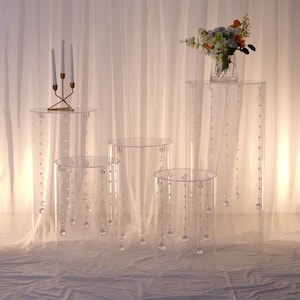Set Of 5 | Clear Acrylic Cylinder Plinth Pedestal Stand, Display Boxes, Wedding Party Decor Supplies, Pillar Pedestal Props w/ Hanging Hooks