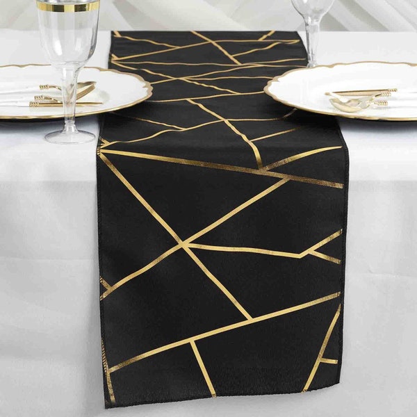 9ft Black Table Runner With Gold Foil Patterns, Geometric Table Runners, Colorful Linens, Wedding Table Runners, Wedding Table Decor