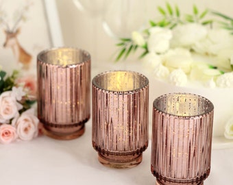 3 Pack | 5" Rose Gold Mercury Candle Holder Glass Speckled, Cylinder Glass Votive Holder, Wedding Table Decor - Wavy Column Design