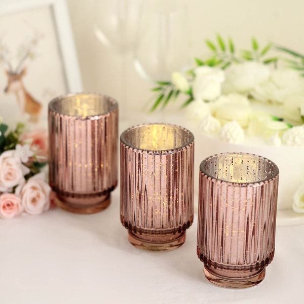 3 Pack | 5" Rose Gold Mercury Candle Holder Glass Speckled, Cylinder Glass Votive Holder, Wedding Table Decor - Wavy Column Design