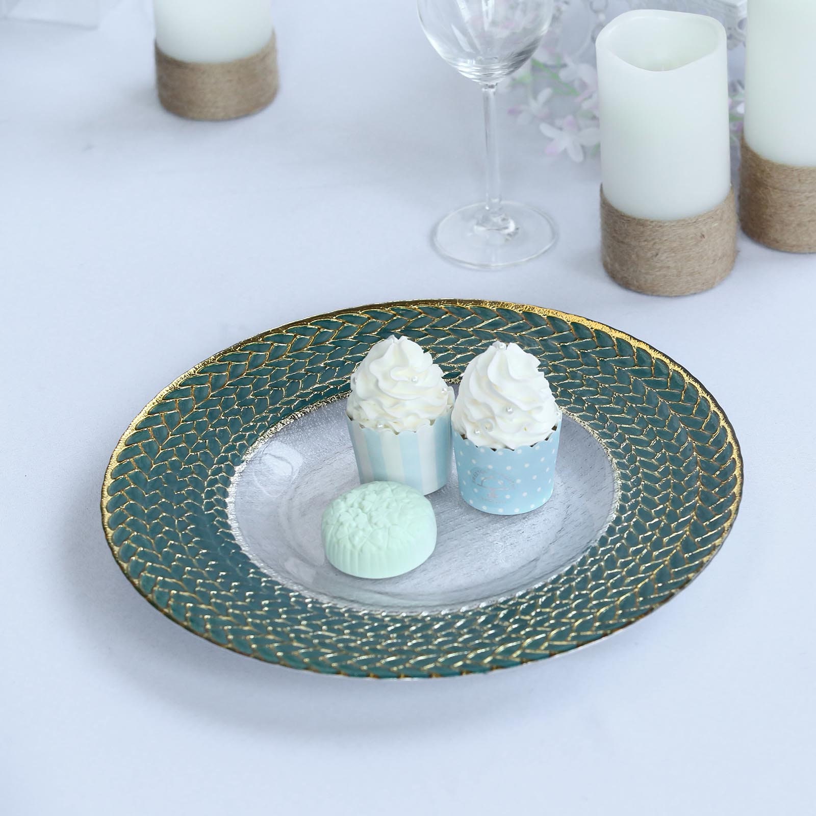 Set of 8 13 Clear Glass Charger Plates With Teal Green Etsy