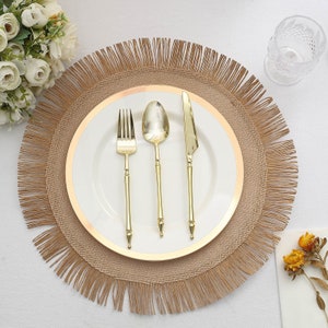 4 Pack | 16" Round Natural Jute Boho Chic Table Placemats, Rustic Farmhouse Tassel Dining Table Mats, Round Burlap Placemat with Fringe Edge