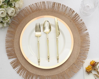 4 Pack | 16" Round Natural Jute Boho Chic Table Placemats, Rustic Farmhouse Tassel Dining Table Mats, Round Burlap Placemat with Fringe Edge